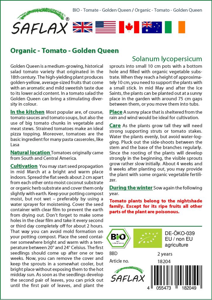 SAFLAX Garden in the Bag - Органический - Помидор - Golden Queen - 15 семян - С субстратом в подходящем стоячем пакете - Solanum lycopersicum