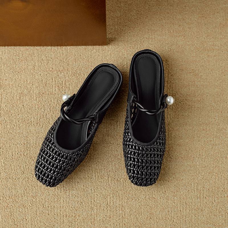 Krazing Pot Микрофибра Мюли Плетение Лето Размер 41 Низкий каблук Жемчужная отделка Вечерняя обувь Женщины Квадратный носок Гладиатор Полые туфли-лодочки