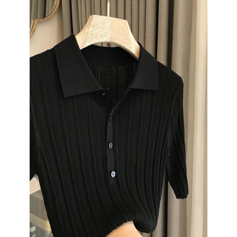 Summer Linen Tencel Breathable Cool French Polo Lapel Thin Knitted Shirt Women