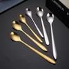 Golden Stainless Steel Round Teaspoons with Long Handle Small Cake Fruit Coffee Honey Dessert Mixing Spoon Tableware