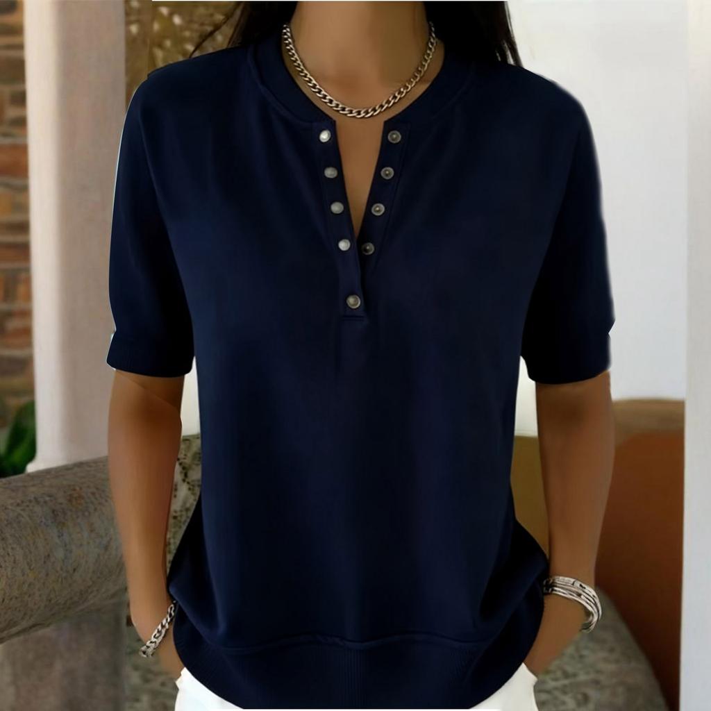 Женский топ-henley с коротким рукавом и V-образным вырезом, повседневный, свободного кроя, вязаный пуловер, легкая блузка для повседневной офисной носки