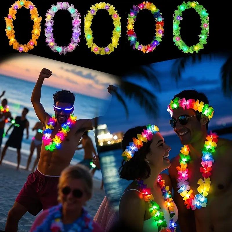 Carnival Christmas Party Decor Halloween LED Hawaii Leis Flower Wreath Glow Necklace Glow in The Dark for Birthday Wedding