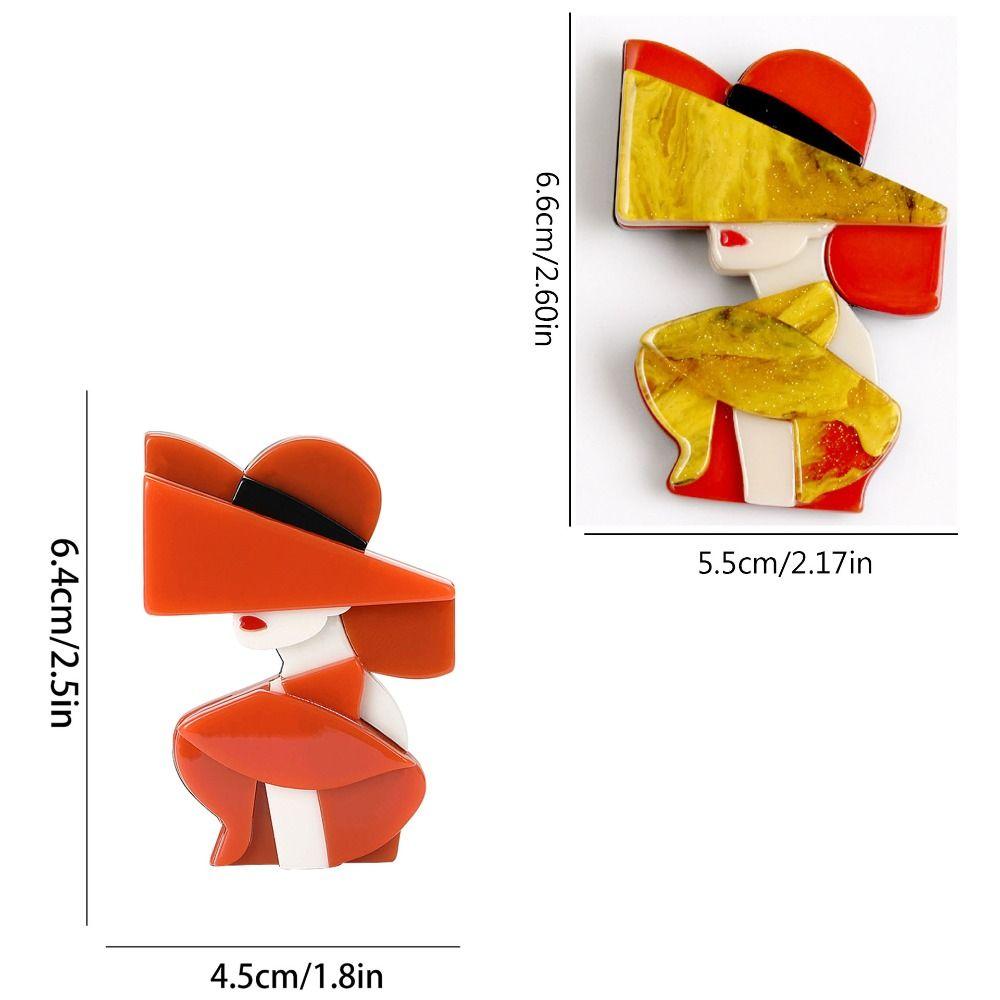 Cartoon Women Portrait Pin Acrylic Girl Badge Retro Lady with Hat Brooch
