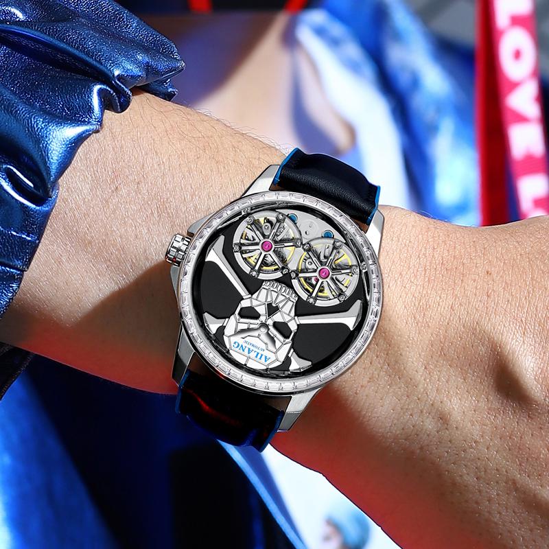 AILANG Luxury Top Brand Skeleton Design Men's Automatic Watch Waterproof Dual Tourbillon Wristwatch Mechanical Skeleton Watch
