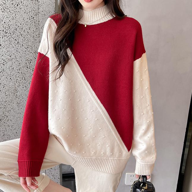 Осень-зима Модный стиль Женские цветные блоки с полувысоким воротом Свободные и универсальные повседневные женские свитера