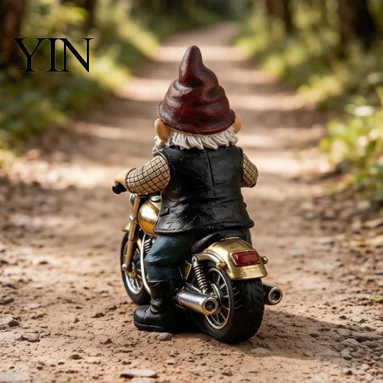 Miniature Gnome Statue Riding Retro Motorcycle Figurine, Motorbike Dwarf Resin Weatherproof Figurine Sculpture, Ornament for Home Office Desk