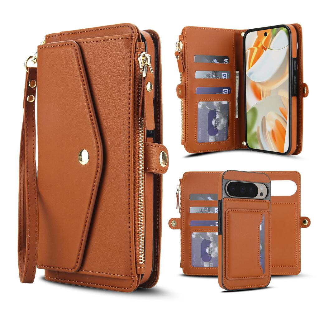 Для Google Pixel 9 Pro XL Чехол-кошелек Магнитный Съемный Кожаный Чехол для телефона из ПУ с 2 ремешками