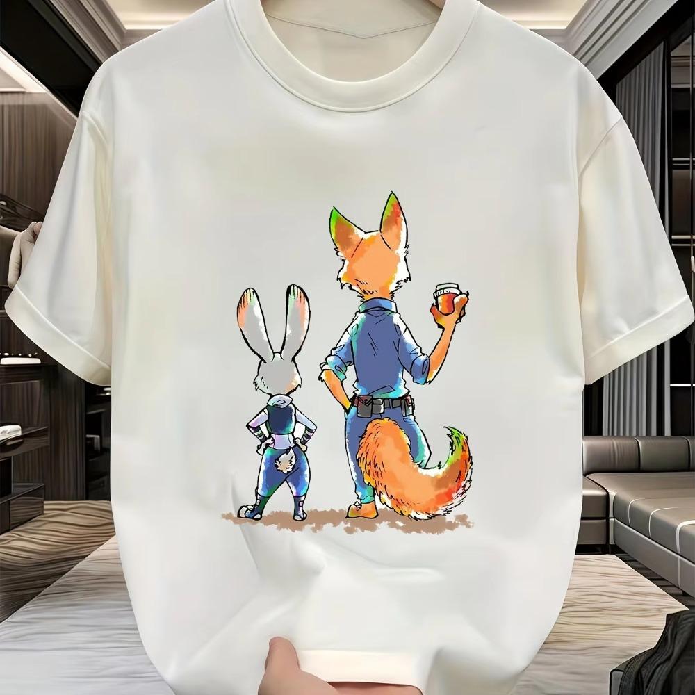 Disney Zootopia Judy Hopps and Nick Wilder Pattern Tshirt Breathable Round Neck Short Sleeve Print Womens Clothing Cotton