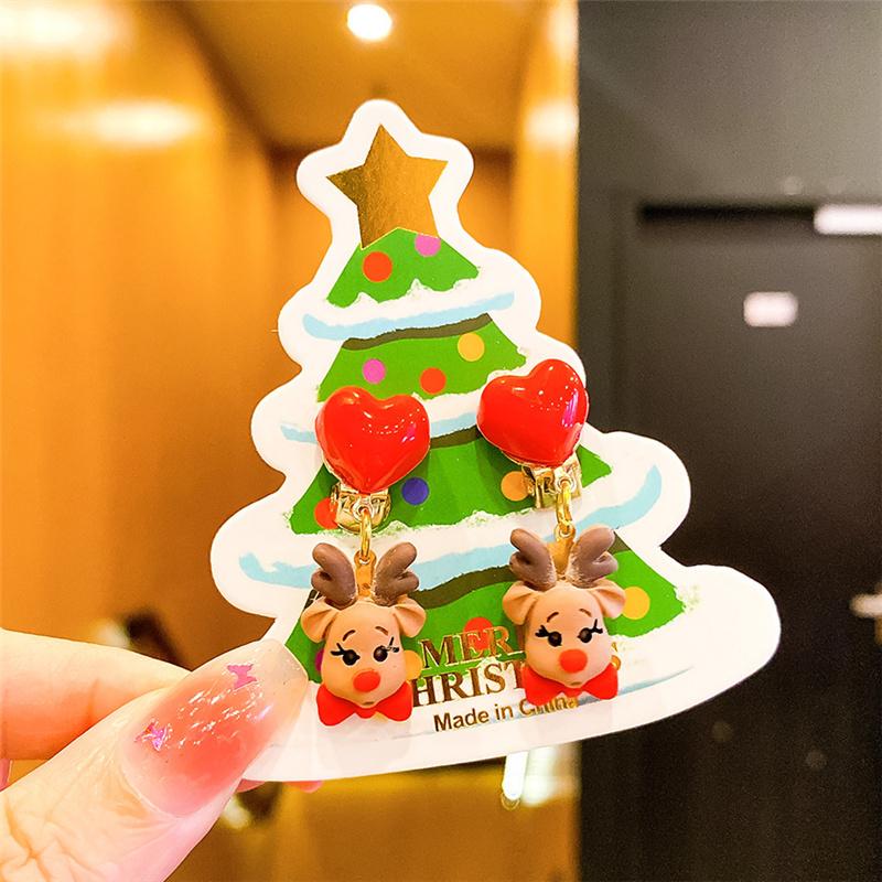 Рождественские детские серьги-клипсы без пирсинга, милые серьги с бахромой в виде оленя из мультфильма «Санта», серьги-подвески для девочек