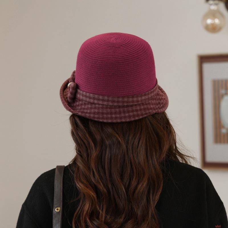Women's knitted wool crimped basin hat, warm in autumn and winter, middle-aged and elderly small flower top hat, plaid mother bucket hat