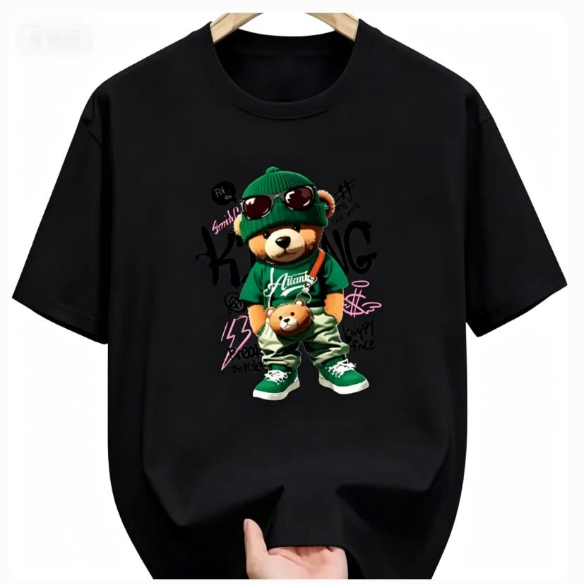 Unisexs Summer Cotton Fashionable Casual Loose Large Geometric Bear Pattern Printed Sports Round Neck Short Sleeve Tshirt Top Dry