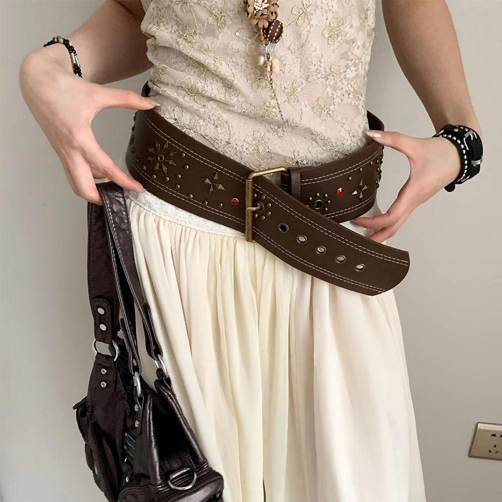 Gothic Leather Waist Belt Vintage Dress Jeans Belt Niche Women's Rivet Belt  Waist-Cinching