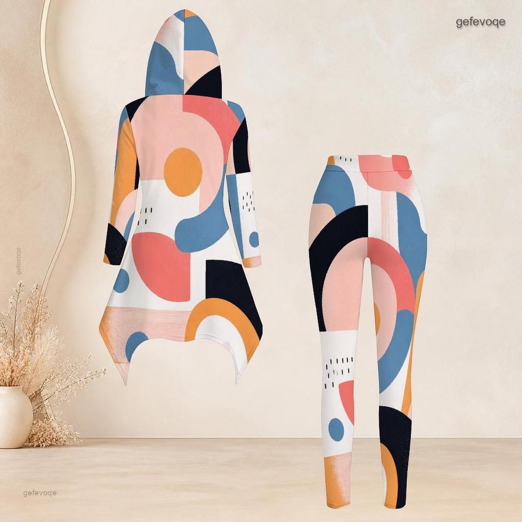 Women Plus Size Hooded Long Sleeve Printed High Low Top And Fitted Pants Two Piece Set