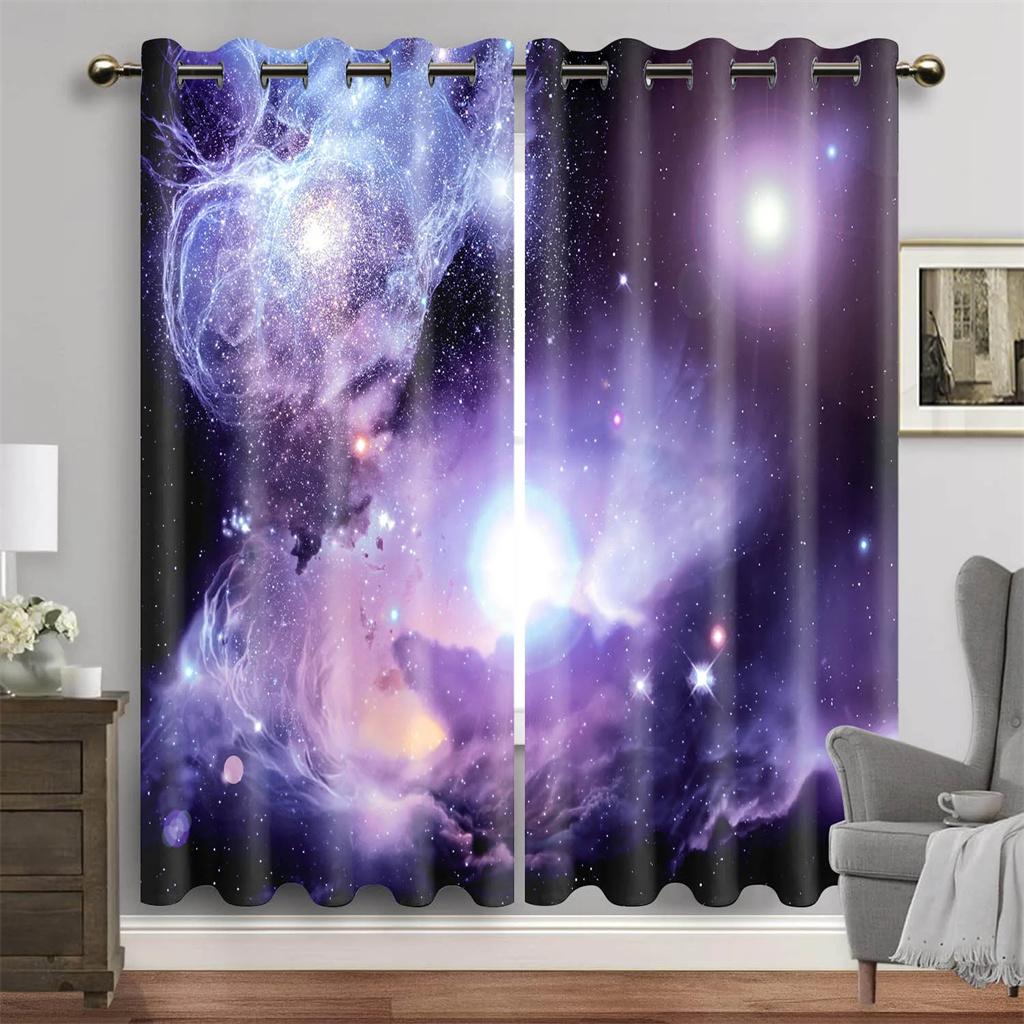 Purple Blue Galaxy Space Universe Stars Starry Window Curtains For Living Room Kids Bedroom Bathroom Kicthen Door Home Decor2Pcs