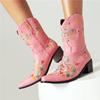 FOREADA Women Ankle Cowboy Short Boots Square Toe Thick Mid Heels Embroidery Flower Western Cowgirl Boots Ladies Shoes Winter 46