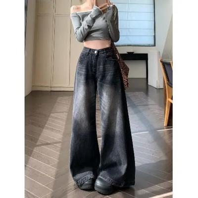 Осень Американский Ретро Вываренные Потертые Драпированные Джинсы Темпераментные Универсальные Брюки Широкие Штанины Женские