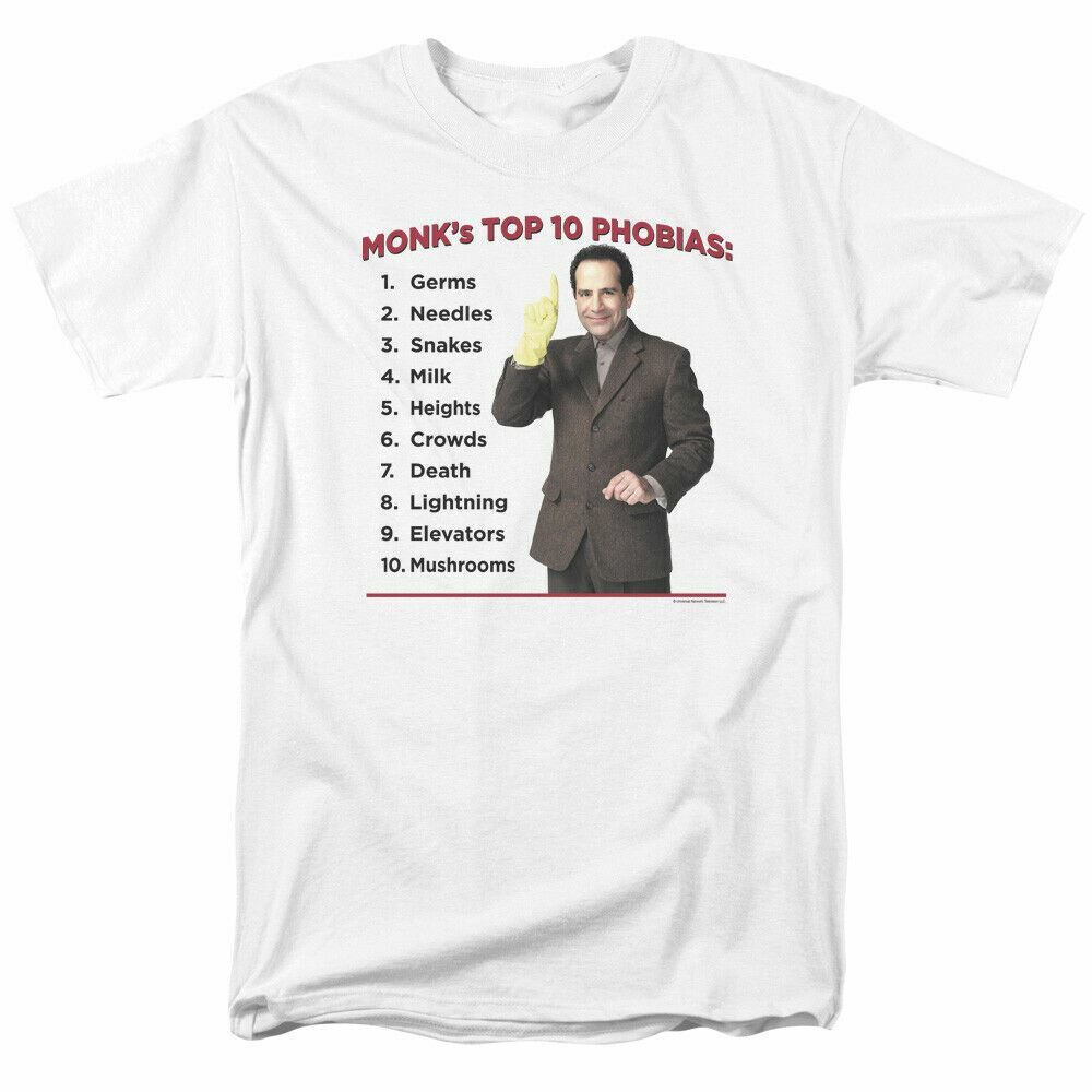 Monk Top 10 Phobias T Shirt Mens Licensed Classic TV Show Adrian Monk White Unisex T-Shirt