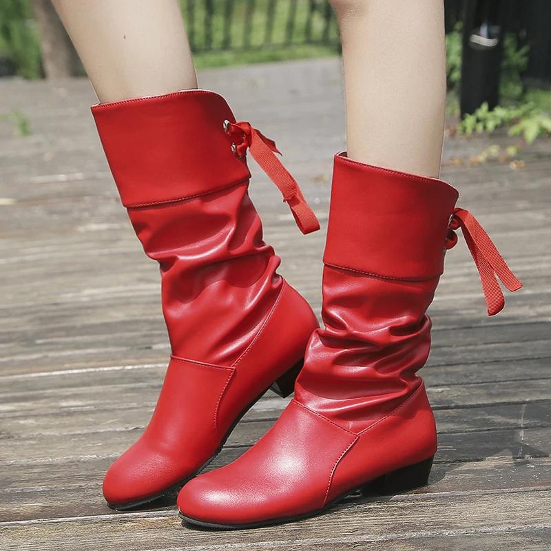 Plus Size 35-43 Women Middle Calf Boots Back Lace Up Low Heels Winter Shoes Black Botines White Botas Mujer Female Snow Boot Red