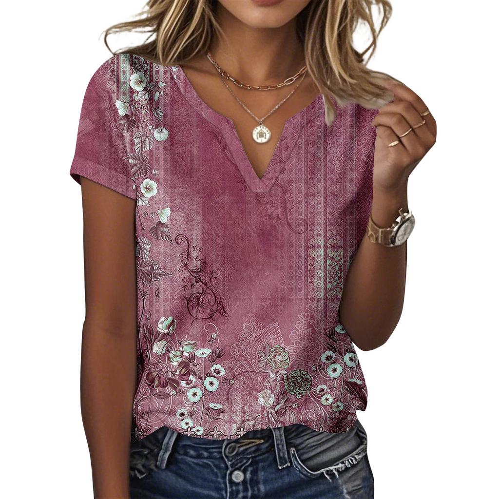 Женская повседневная футболка с цветочным принтом, пуловер с V-образным вырезом и коротким рукавом