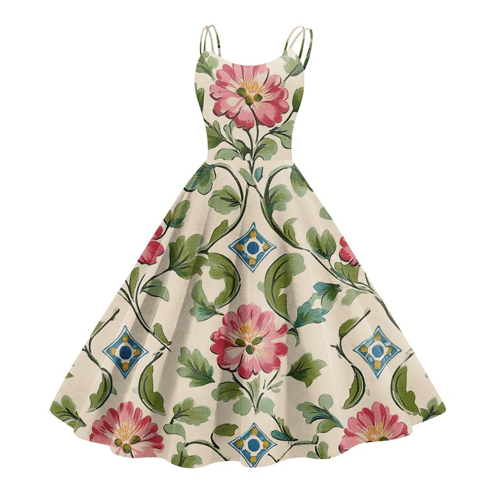 Women's Casual Fashion Flower Print Sexy Off Shoulder Punk Retro Dress Retro Dress Dress