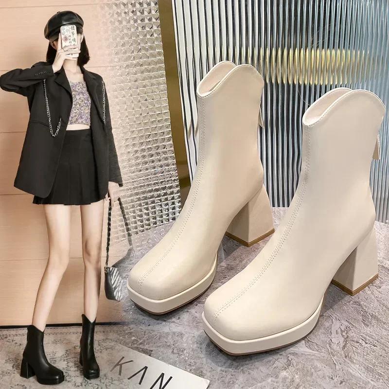 High Heels Short Boots Women Fashion Shoes 2024 New Autumn Winter Chunky Heels Waterproof Square Toe Plus Size Ankle Boots