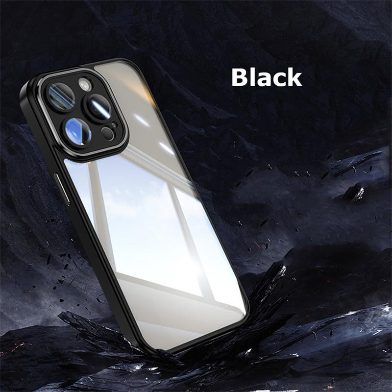 Для Apple iPhone 15 14 13 12 Pro Max металлическая броня задняя прозрачная закаленная оболочка полное покрытие с пленкой для объектива супер защита от падения