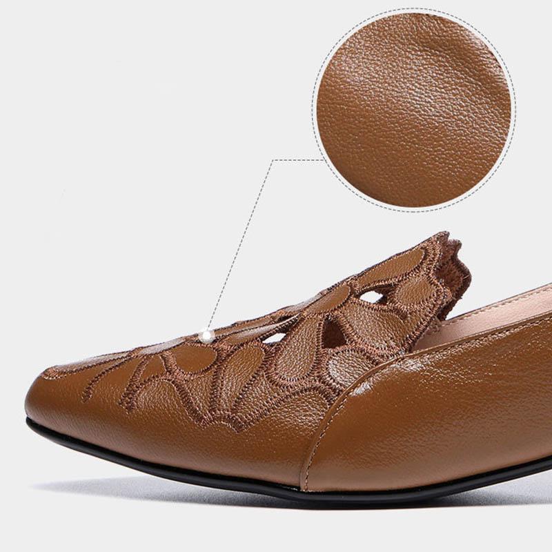 Khaki Soft Leather Cut-out Embroidered Single Shoes Women's Summer and Autumn Low Heel Pointed Shoes Breathable Versatile Sandals