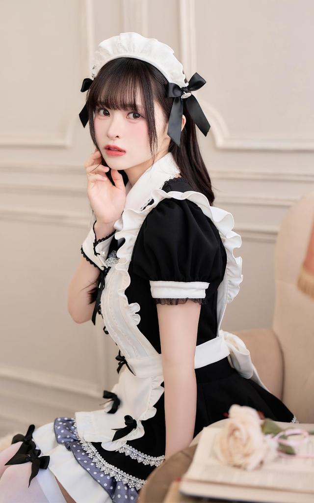 Cosplay Maid Waitress Housekeeper Dot Classic White Black Monochrome Costume Disguise Marie Moon 6 Piece Set 10224 [Malymoon] (Black)