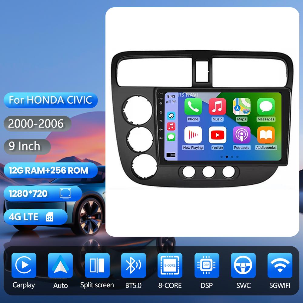 Autoradio multimédia Android 16 RSNAVI pour Honda Civic 7 2000-2006, Carplay, GPS, stéréo, caméra 360°, WIFI+4G