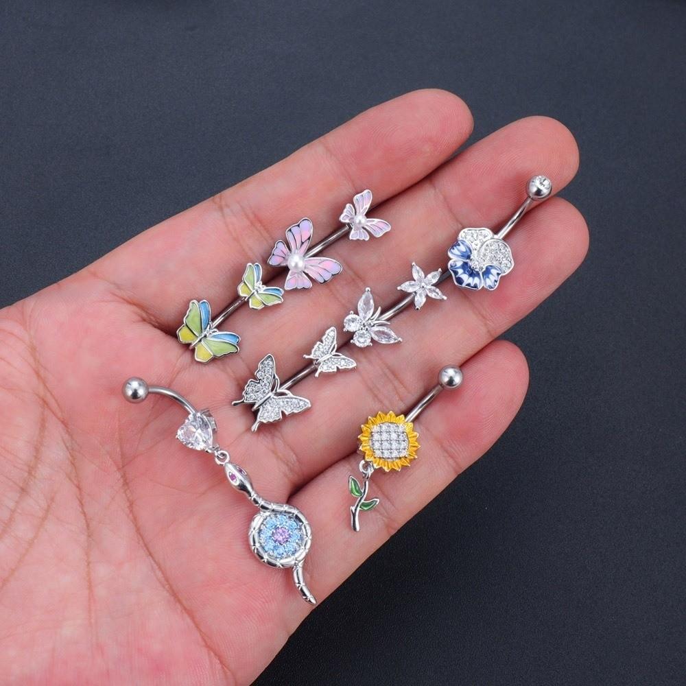 Sunflower Zircon Navel Ring Butterfly Heart Belly Button Ring Vintage Body Piercing Jewelry Girl