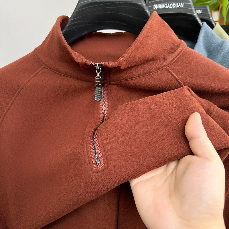 Мужской осенне-зимний вельветовый свитшот с длинным рукавом и молнией до середины груди - однотонный, теплый, универсальный топ
