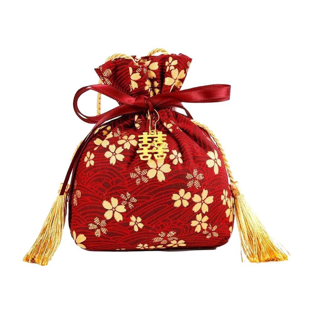 Pearl Pendant Canvas Flower Drawstring Bag Stripe Bowknot Floral Tassel Handbag Female/Girls
