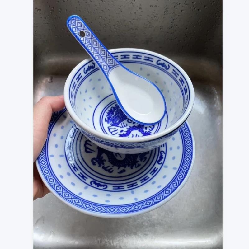 Набор пиал с драконами из сине-белого фарфора – Керамические тарелки для риса и супа с лапшой, подглазурная роспись