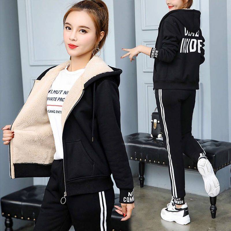 Lamb Fleece Sweater Suit Women's Autumn and Winter Casual Plus Velvet Thickened Sportswear Winter Two-piece Women's Clothing