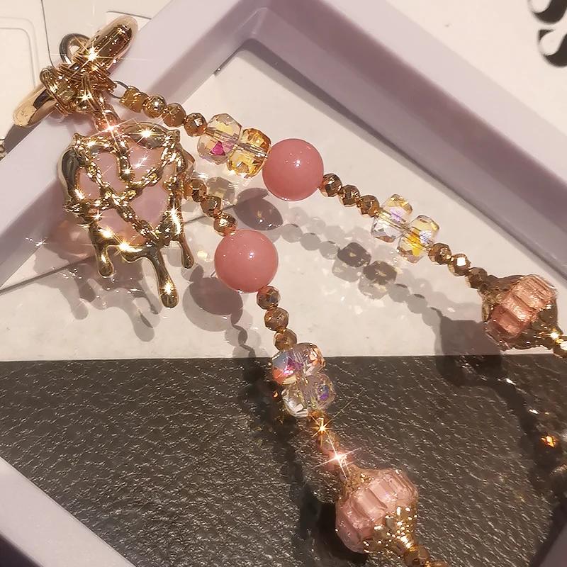 Mobile Phone Lanyard Wrist Ornament Gold Border Heart Pendant Crystal Bead Bracelet Universal Anti Loss Lanyard for Phone Cases