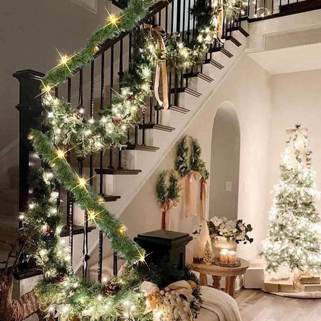 Nerosun 14.8 FT Artificial Christmas Garland, 50 Pre-Lit LED Mini String Lights Battery Operated Xmas Garland for Home Stair Railing Indoor Wedding