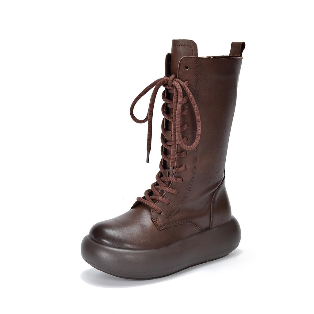 Johnature Ботинки до середины икры из натуральной кожи с круглым носком и толстой подошвой, в стиле ретро, на шнуровке, с боковой молнией, универсальные женские ботинки