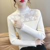 Women Three Color Half Turtle Neck Knitted Top Autumn Versatile Long Sleeve Lace Edge Floral Print Pullover Knit Sweater