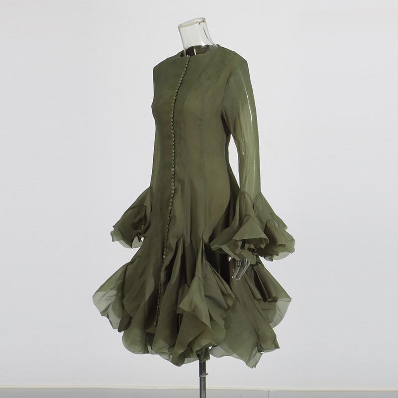 Однотонные платья с пуговицами, слим-фит для женщин, с круглым вырезом, длинными рукавами, высокой талией, лоскутным узором, оборками, женская мода, новинка