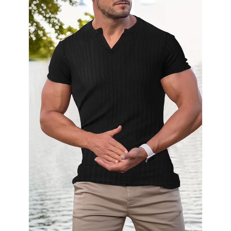 Men's Stretch Ribbed V-Neck Short Sleeve T-Shirt.