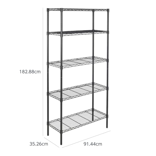 Basic 5-Tier Steel Shelf, Metal Rack, 794kg Load Capacity, 91.4cm Wide X 35.6cm Deep X 183cm High, Black
