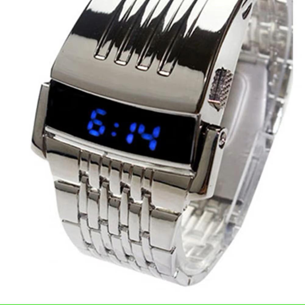 Светодиодные модные наручные часы Мужской подарок Цифровой светодиодный синий дисплей Широкий браслет из нержавеющей стали Армейские спортивные Винтажные ретро Повседневные