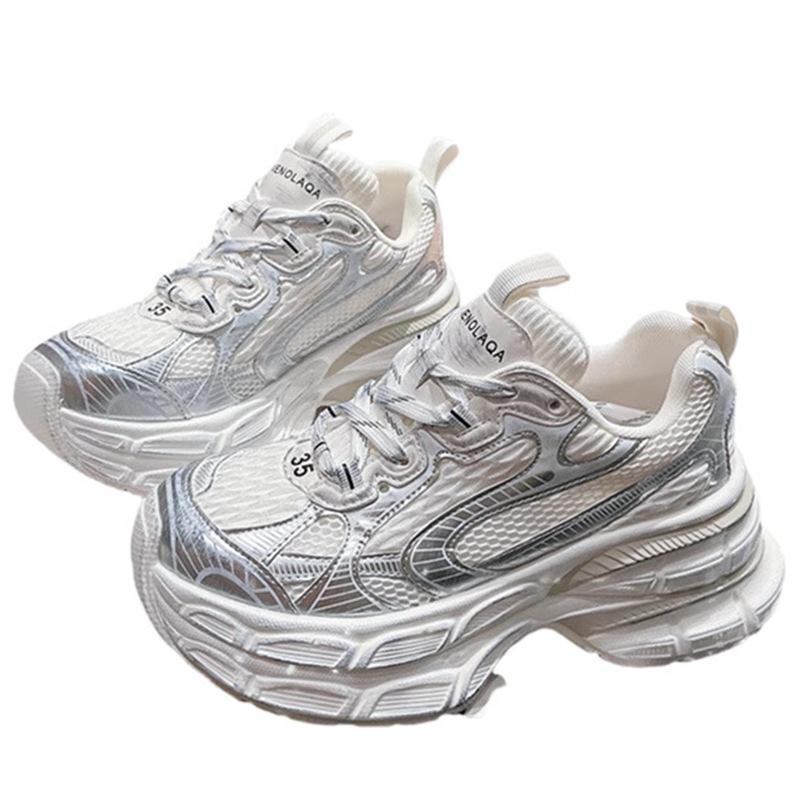 Paris High-end Thin Mesh Dad Shoes Women's Spring and Summer Thick-soled Lightweight Sports Shoes Versatile Silver Casual Shoes