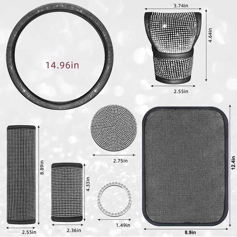 11-Piece Car Accessories Set White/Black/Red/Blue/Pink/Multi-Color Rhinestones Steering Wheel Cover 15", Gear Shifter Cover
