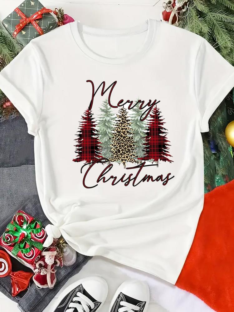 (Asian Size) Print Merry Christmas O-neck Women's Top New Year T Clothing Tree Lovely Style Cute Short Sleeve T-shirts Fashion Holiday Graphic Tee
