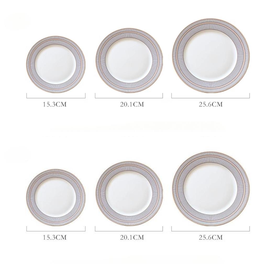 Fine Bone China Dinner Plates Sets, Light Luxury Tableware Stripe Pattern Gilt Edged Porcelain Dinnerware Round Set of 6