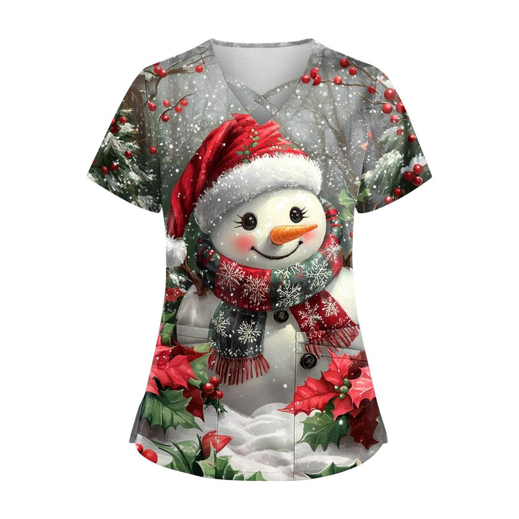 Women's Short Sleeve Stagger V Neck Christmas Print Pocket Dry-nurse Top