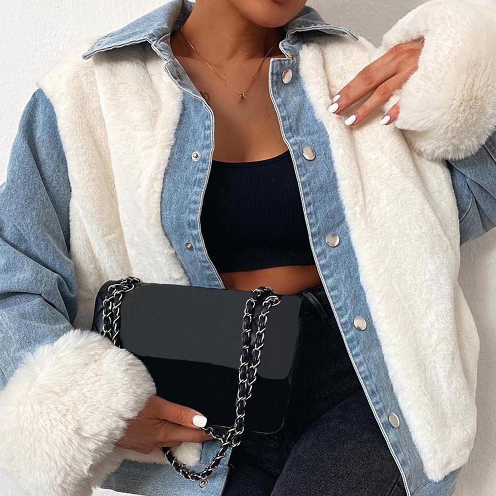 Fashion Women Casual Plush Patchwork Cardigan Outerwear Denim Jacket Coat