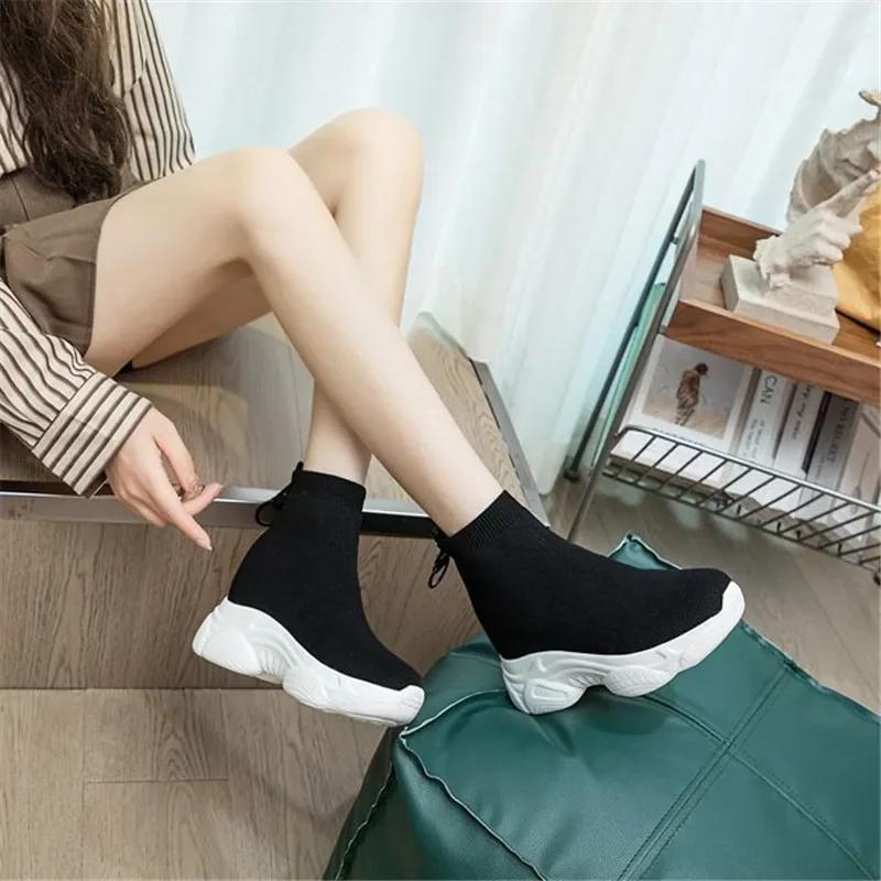 Осенние новые вязаные эластичные носки, женские ботинки, толстая подошва, спортивная повседневная обувь, женская легкая нескользящая платформа, ботинки Mujer