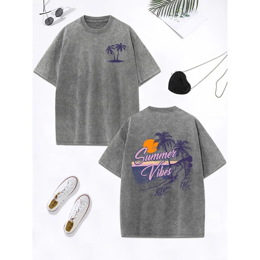 Summer Vibes Beach Sunset Coconut Tree Prints Washed T-Shirt Women Cotton Tops Retro O-Neck T Shirt Street Clothes